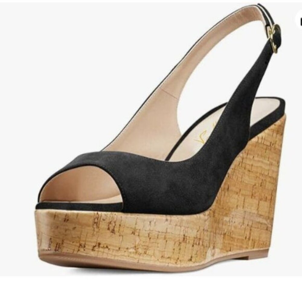 FOWT Women Peep Toe Slingback Platform Wedge Sandals Buckle Open Toe Black